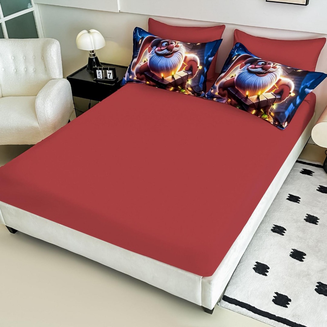 Lenjerie pat dublu, FINET, Imprimeu Digital 5D - Identic cu poza, Cu ELASTIC, 6 piese, Jojo Home, Bleumarin, Rosu, Mos Craciun pe Horn - 3 | YEO