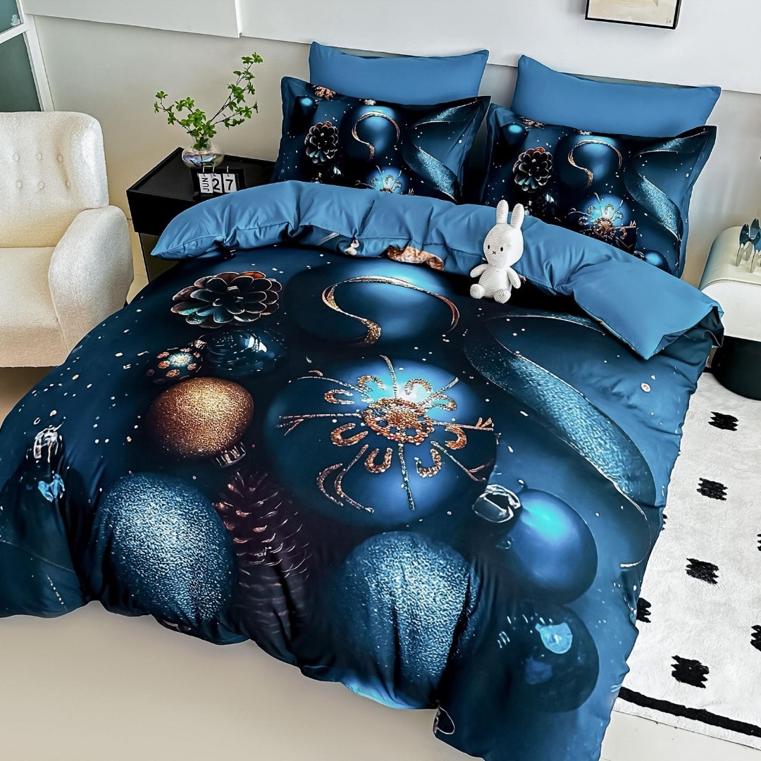 Lenjerie pat dublu, FINET, Imprimeu Digital 5D - Identic cu poza, Cu ELASTIC, 6 piese, Jojo Home, Bleumarin, Globulete - 1 | YEO