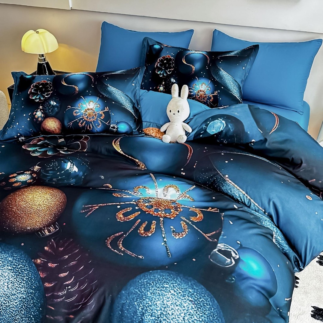 Lenjerie pat dublu, FINET, Imprimeu Digital 5D - Identic cu poza, Cu ELASTIC, 6 piese, Jojo Home, Bleumarin, Globulete - 2 | YEO