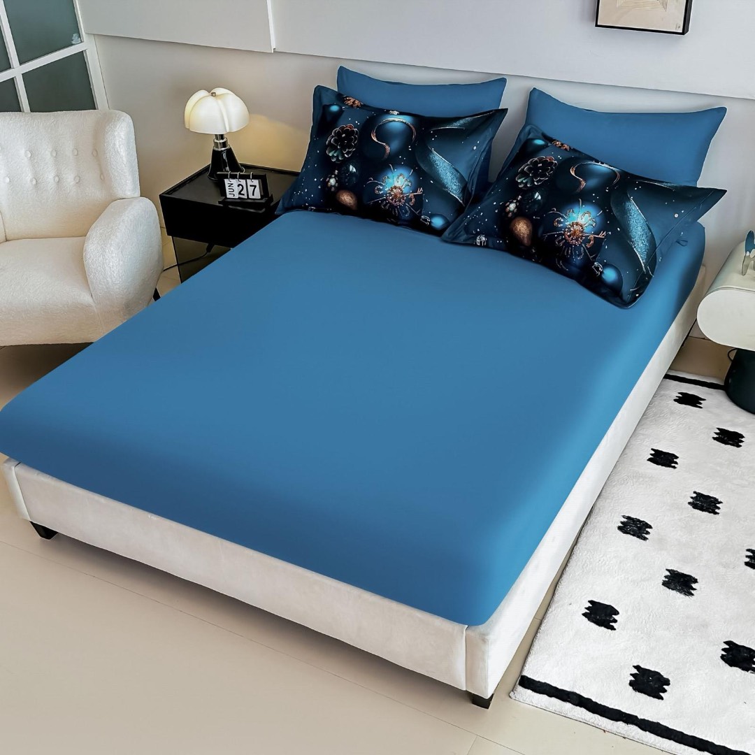 Lenjerie pat dublu, FINET, Imprimeu Digital 5D - Identic cu poza, Cu ELASTIC, 6 piese, Jojo Home, Bleumarin, Globulete - 3 | YEO