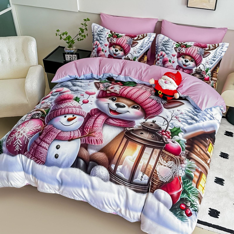 Lenjerie pat dublu, FINET, Imprimeu Digital 5D - Identic cu poza, Cu ELASTIC, 6 piese, Jojo Home, Gri, Roz, Oameni de Zapada - 1 | YEO