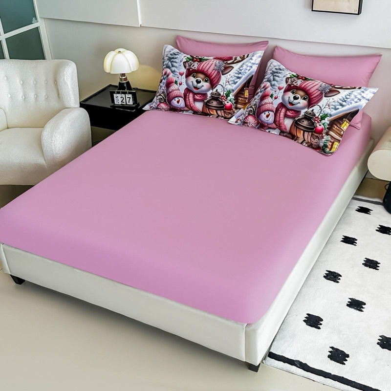 Lenjerie pat dublu, FINET, Imprimeu Digital 5D - Identic cu poza, Cu ELASTIC, 6 piese, Jojo Home, Gri, Roz, Oameni de Zapada - 3 | YEO