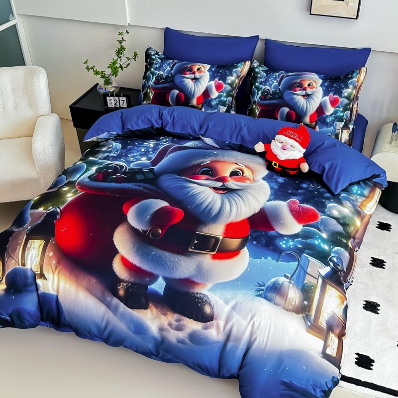 Lenjerie pat dublu, FINET, Imprimeu Digital 5D - Identic cu poza, Cu ELASTIC, 6 piese, Jojo Home, Albastru, Mos Craciun cu Felinar - 1 | YEO