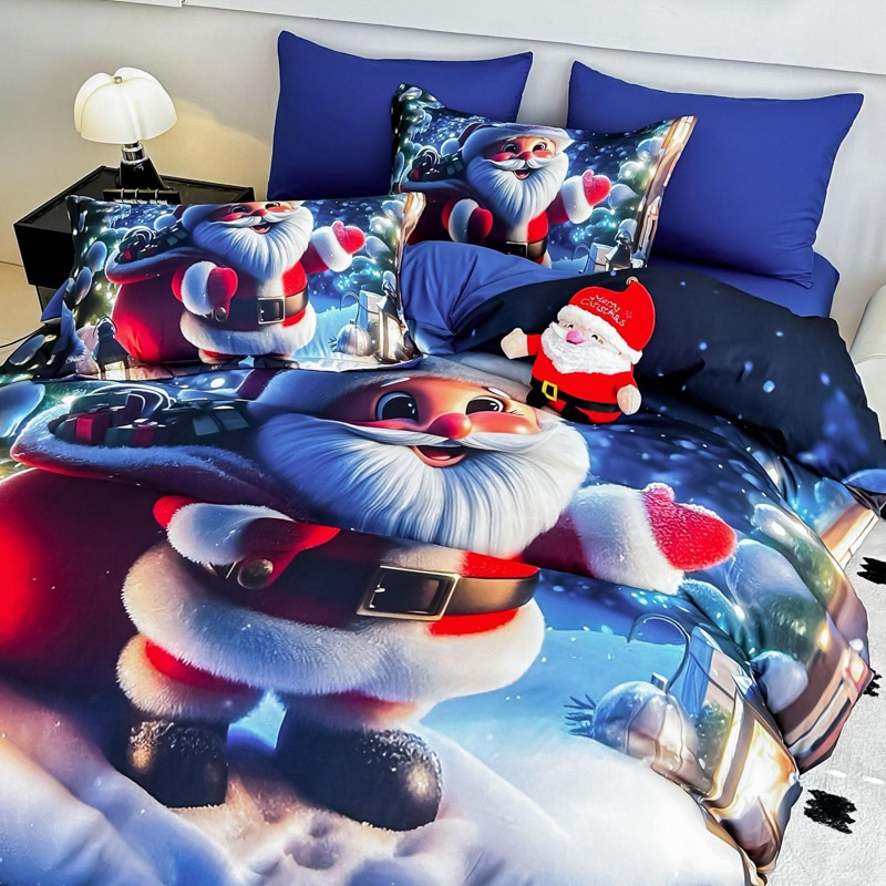 Lenjerie pat dublu, FINET, Imprimeu Digital 5D - Identic cu poza, Cu ELASTIC, 6 piese, Jojo Home, Albastru, Mos Craciun cu Felinar - 2 | YEO