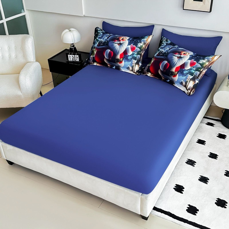 Lenjerie pat dublu, FINET, Imprimeu Digital 5D - Identic cu poza, Cu ELASTIC, 6 piese, Jojo Home, Albastru, Mos Craciun cu Felinar - 3 | YEO