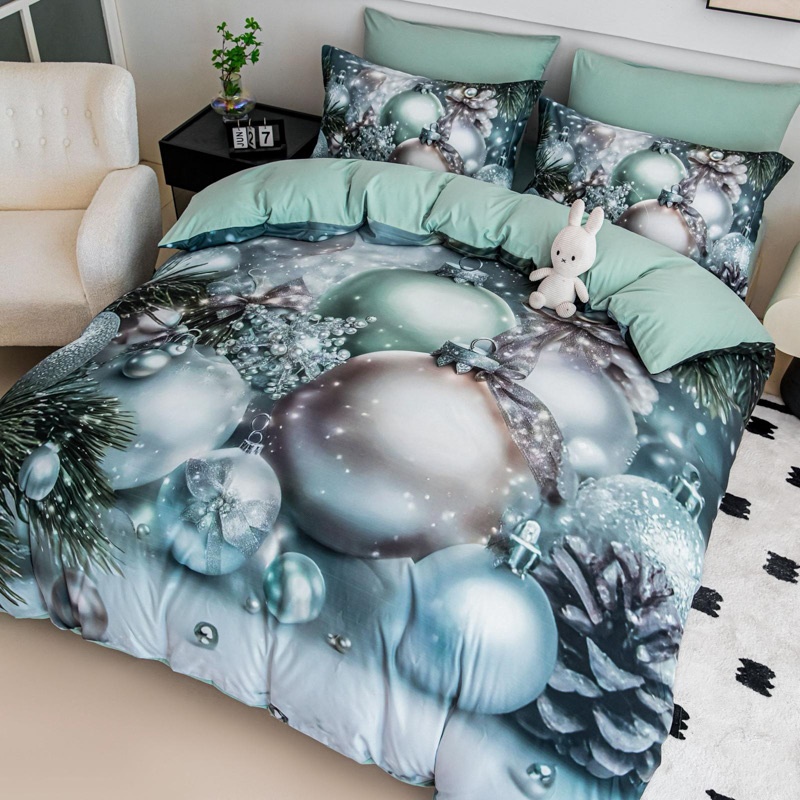 Lenjerie pat dublu, FINET, Imprimeu Digital 5D - Identic cu poza, Cu ELASTIC, 6 piese, Jojo Home, Gri, Verzui, Globulete - 1 | YEO