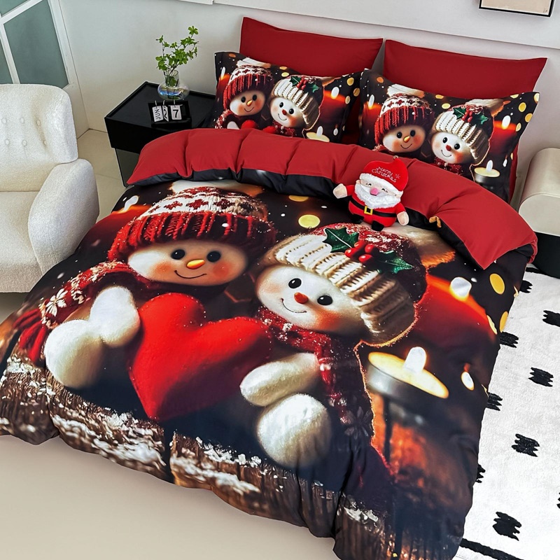 Lenjerie pat dublu, FINET, Imprimeu Digital 5D - Identic cu poza, Cu ELASTIC, 6 piese, Jojo Home, Rosu, Indragostiti - 1 | YEO