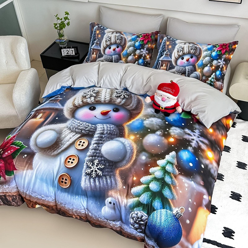 Lenjerie pat dublu, FINET, Imprimeu Digital 5D - Identic cu poza, Cu ELASTIC, 6 piese, Jojo Home, Gri, Bleu, Om de Zapada si Decoratiuni - 1 | YEO