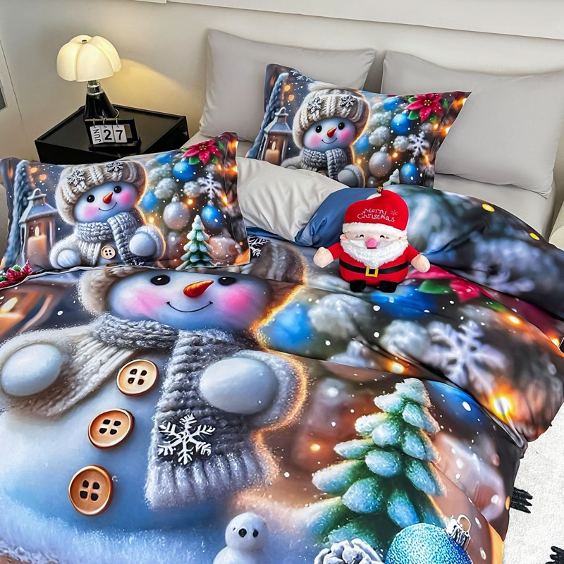 Lenjerie pat dublu, FINET, Imprimeu Digital 5D - Identic cu poza, Cu ELASTIC, 6 piese, Jojo Home, Gri, Bleu, Om de Zapada si Decoratiuni - 2 | YEO