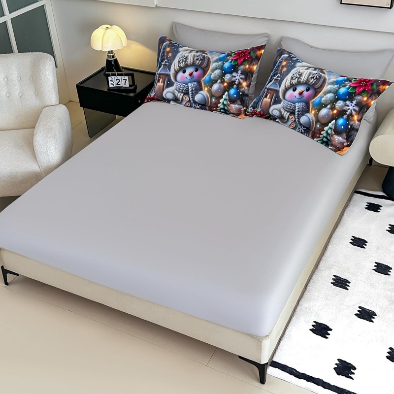 Lenjerie pat dublu, FINET, Imprimeu Digital 5D - Identic cu poza, Cu ELASTIC, 6 piese, Jojo Home, Gri, Bleu, Om de Zapada si Decoratiuni - 3 | YEO