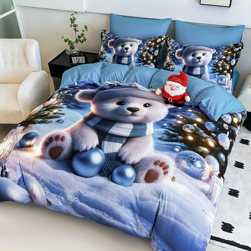 Lenjerie pat dublu, FINET, Imprimeu Digital 5D - Identic cu poza, Cu ELASTIC, 6 piese, Jojo Home, Bleu, Alb, Ursulet Polar - 1 | YEO