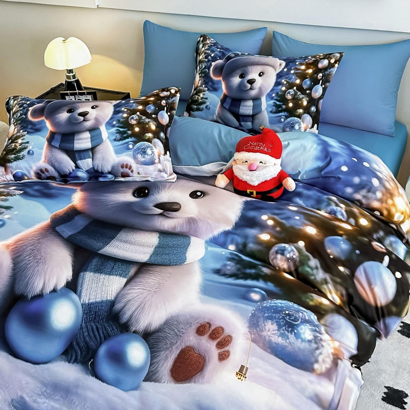 Lenjerie pat dublu, FINET, Imprimeu Digital 5D - Identic cu poza, Cu ELASTIC, 6 piese, Jojo Home, Bleu, Alb, Ursulet Polar - 2 | YEO
