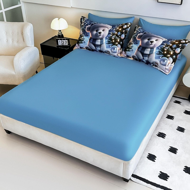 Lenjerie pat dublu, FINET, Imprimeu Digital 5D - Identic cu poza, Cu ELASTIC, 6 piese, Jojo Home, Bleu, Alb, Ursulet Polar - 3 | YEO