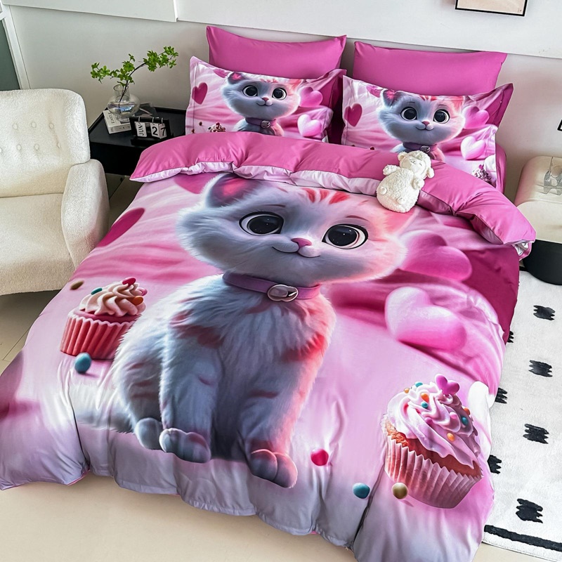 Lenjerie pat dublu, FINET, Imprimeu Digital 5D - Identic cu poza, Cu ELASTIC, 6 piese, Jojo Home, Roz, Pisicuta - 1 | YEO