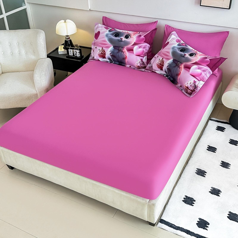 Lenjerie pat dublu, FINET, Imprimeu Digital 5D - Identic cu poza, Cu ELASTIC, 6 piese, Jojo Home, Roz, Pisicuta - 3 | YEO