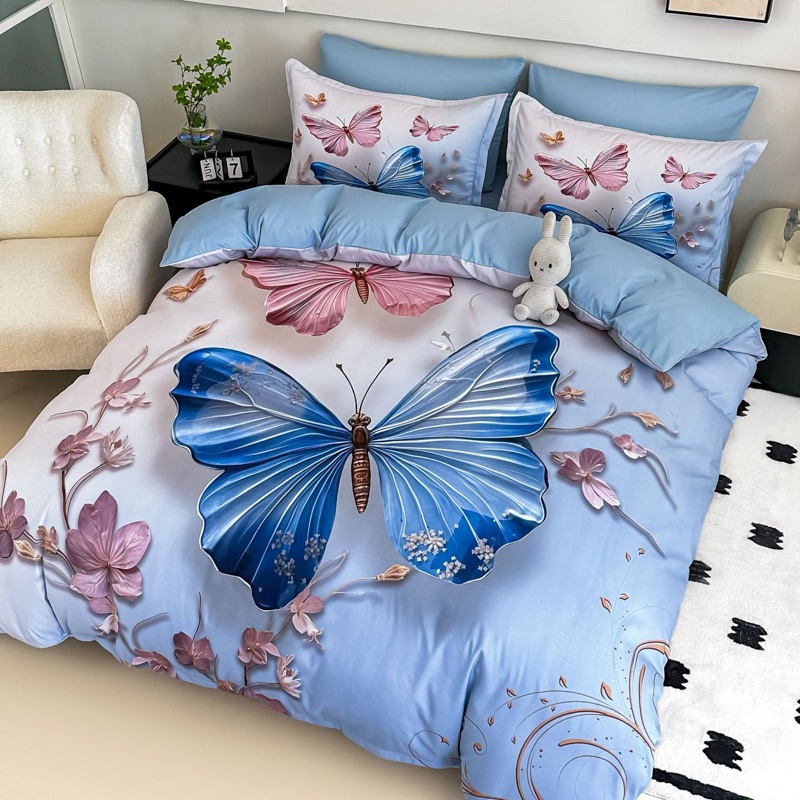 Lenjerie pat dublu, FINET, Imprimeu Digital 5D - Identic cu poza, Cu ELASTIC, 6 piese, Jojo Home, Bleu, Fluturi - 1 | YEO