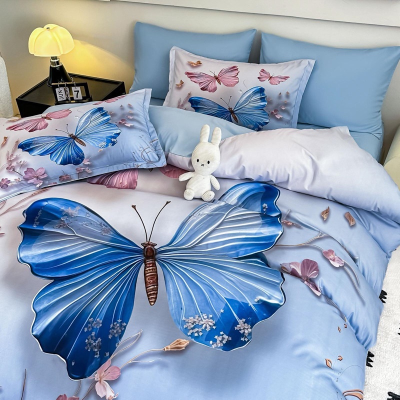 Lenjerie pat dublu, FINET, Imprimeu Digital 5D - Identic cu poza, Cu ELASTIC, 6 piese, Jojo Home, Bleu, Fluturi - 2 | YEO