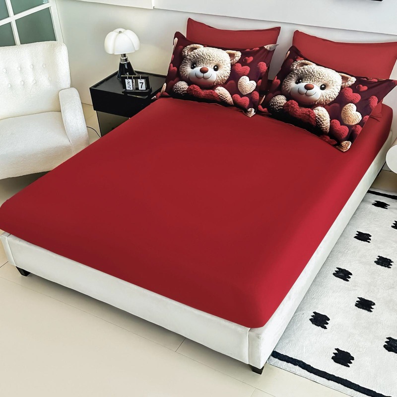 Lenjerie pat dublu, FINET, Imprimeu Digital 5D - Identic cu poza, Cu ELASTIC, 6 piese, Jojo Home, Rosu, Ursulet - 3 | YEO