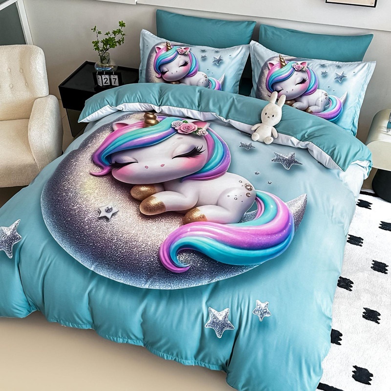 Lenjerie pat dublu, FINET, Imprimeu Digital 5D - Identic cu poza, Cu ELASTIC, 6 piese, Jojo Home, Bleu, Unicorn - 1 | YEO