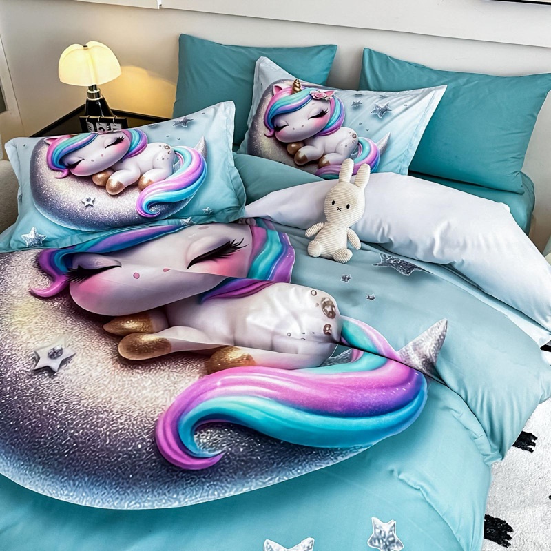 Lenjerie pat dublu, FINET, Imprimeu Digital 5D - Identic cu poza, Cu ELASTIC, 6 piese, Jojo Home, Bleu, Unicorn - 2 | YEO