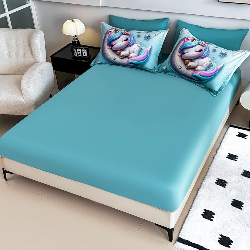 Lenjerie pat dublu, FINET, Imprimeu Digital 5D - Identic cu poza, Cu ELASTIC, 6 piese, Jojo Home, Bleu, Unicorn - 3 | YEO