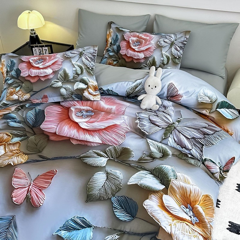 Lenjerie pat dublu, FINET, Imprimeu Digital 5D - Identic cu poza, Cu ELASTIC, 6 piese, Jojo Home, Gri, Trandafiri - 2 | YEO
