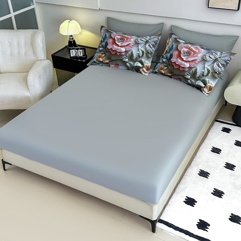 Lenjerie pat dublu, FINET, Imprimeu Digital 5D - Identic cu poza, Cu ELASTIC, 6 piese, Jojo Home, Gri, Trandafiri - 3 | YEO