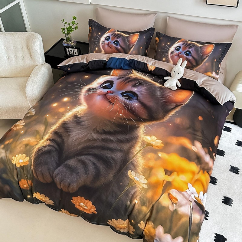 Lenjerie pat dublu, FINET, Imprimeu Digital 5D - Identic cu poza, Cu ELASTIC, 6 piese, Jojo Home, Maro, Pisicuta - 1 | YEO
