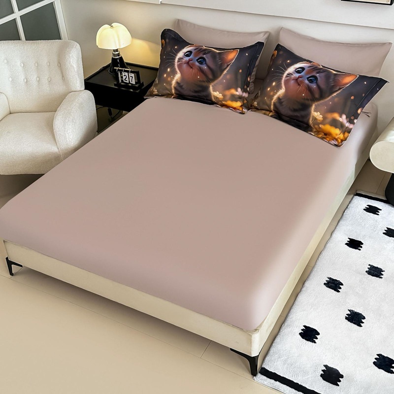 Lenjerie pat dublu, FINET, Imprimeu Digital 5D - Identic cu poza, Cu ELASTIC, 6 piese, Jojo Home, Maro, Pisicuta - 3 | YEO