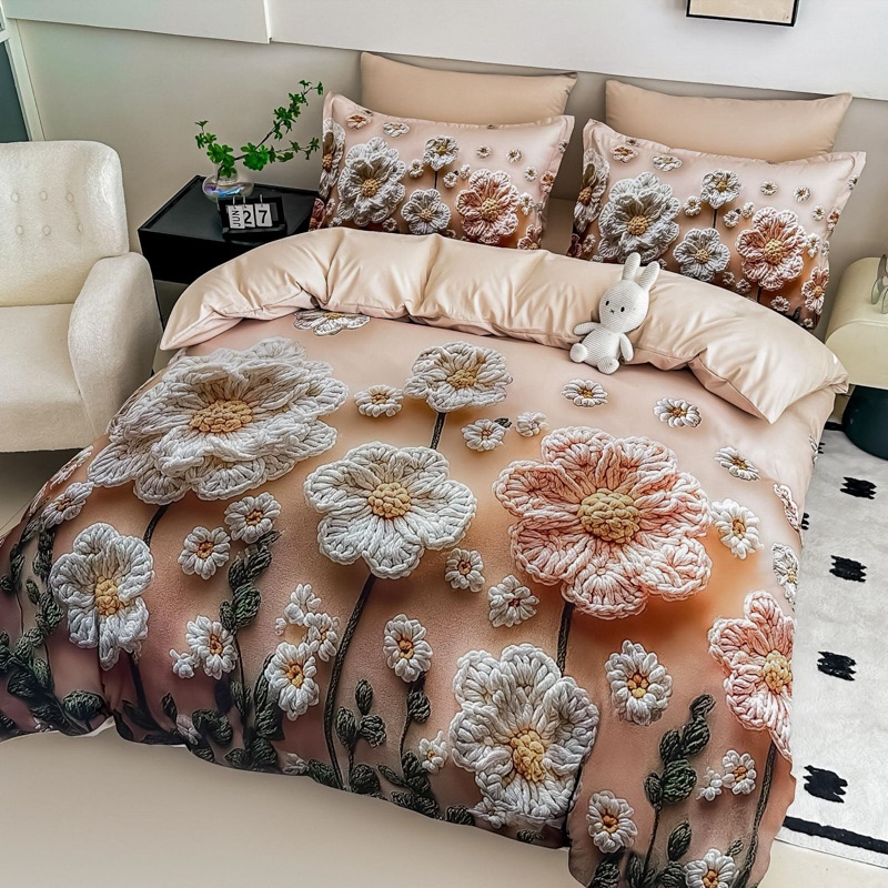 Lenjerie pat dublu, FINET, Imprimeu Digital 5D - Identic cu poza, Cu ELASTIC, 6 piese, Jojo Home, Bej, Flori Tricotate - 1 | YEO