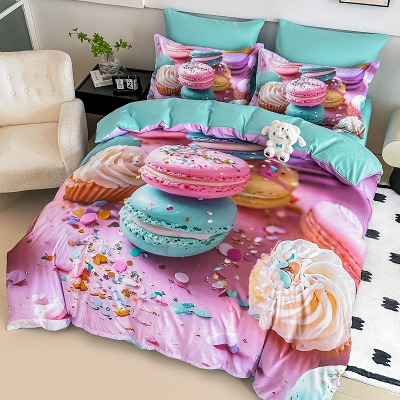 Lenjerie pat dublu, FINET, Imprimeu Digital 5D - Identic cu poza, Cu ELASTIC, 6 piese, Jojo Home, Roz, Bleu, Macarons - 1 | YEO
