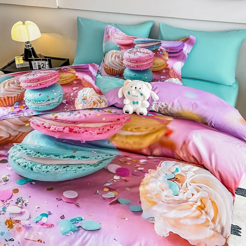 Lenjerie pat dublu, FINET, Imprimeu Digital 5D - Identic cu poza, Cu ELASTIC, 6 piese, Jojo Home, Roz, Bleu, Macarons - 2 | YEO