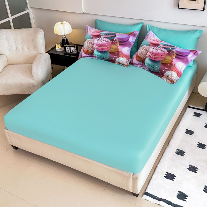 Lenjerie pat dublu, FINET, Imprimeu Digital 5D - Identic cu poza, Cu ELASTIC, 6 piese, Jojo Home, Roz, Bleu, Macarons - 3 | YEO