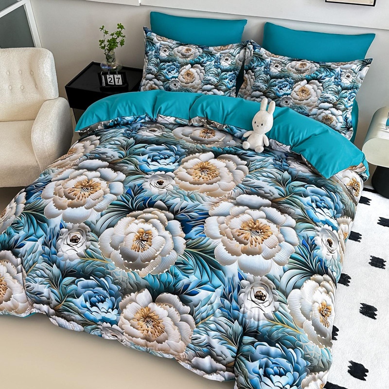 Lenjerie pat dublu, FINET, Imprimeu Digital 5D - Identic cu poza, Cu ELASTIC, 6 piese, Jojo Home, Turquoise, Alb, Trandafiri - 1 | YEO