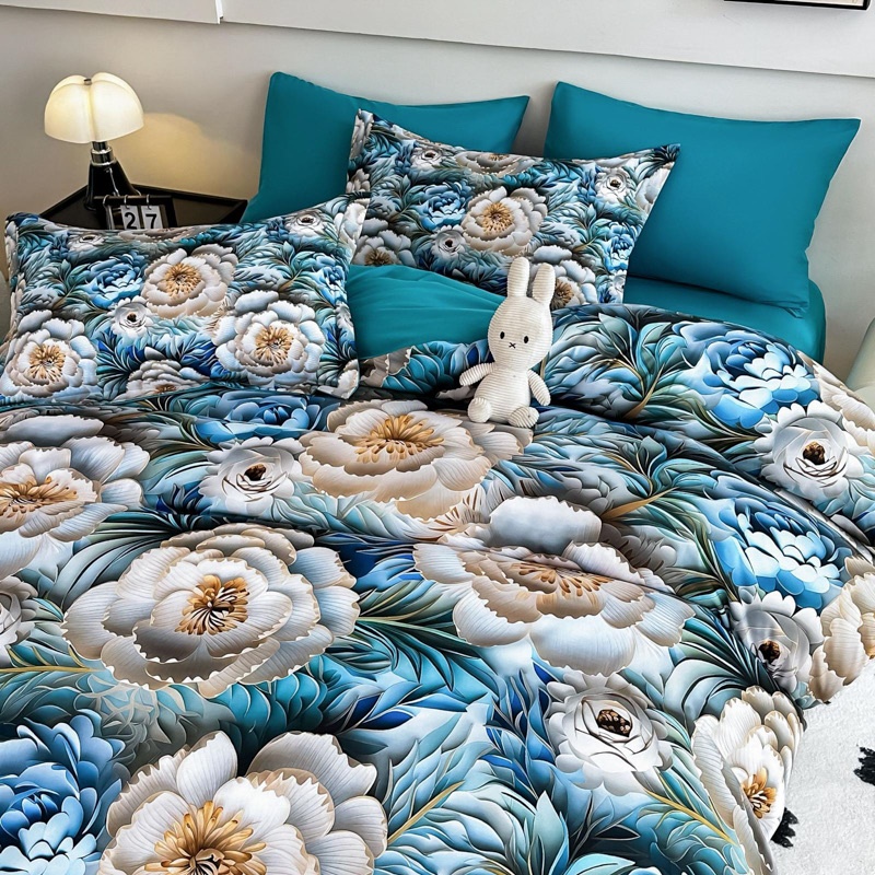 Lenjerie pat dublu, FINET, Imprimeu Digital 5D - Identic cu poza, Cu ELASTIC, 6 piese, Jojo Home, Turquoise, Alb, Trandafiri - 2 | YEO