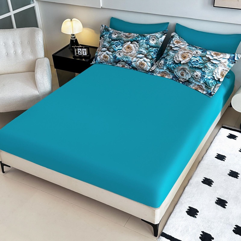 Lenjerie pat dublu, FINET, Imprimeu Digital 5D - Identic cu poza, Cu ELASTIC, 6 piese, Jojo Home, Turquoise, Alb, Trandafiri - 3 | YEO