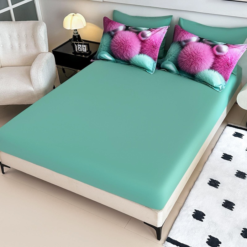 Lenjerie pat dublu, FINET, Imprimeu Digital 5D - Identic cu poza, Cu ELASTIC, 6 piese, Jojo Home, Menta, Roz, Bilute Pufoase - 3 | YEO