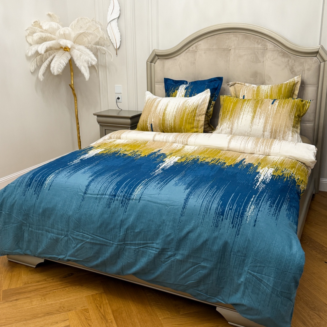 (OFERTA TRIO) Lenjerie pat dublu,  FINET, cu elastic, 6 piese, Turquoise, abstract - 1 | YEO