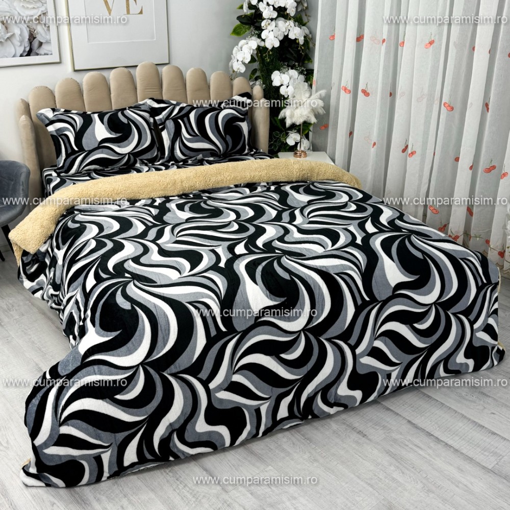 Lenjerie pat dublu, Super Pufoasa COCOLINO cu BLANITA, 4 piese, Gri-Negru, model abstract – imagine 2