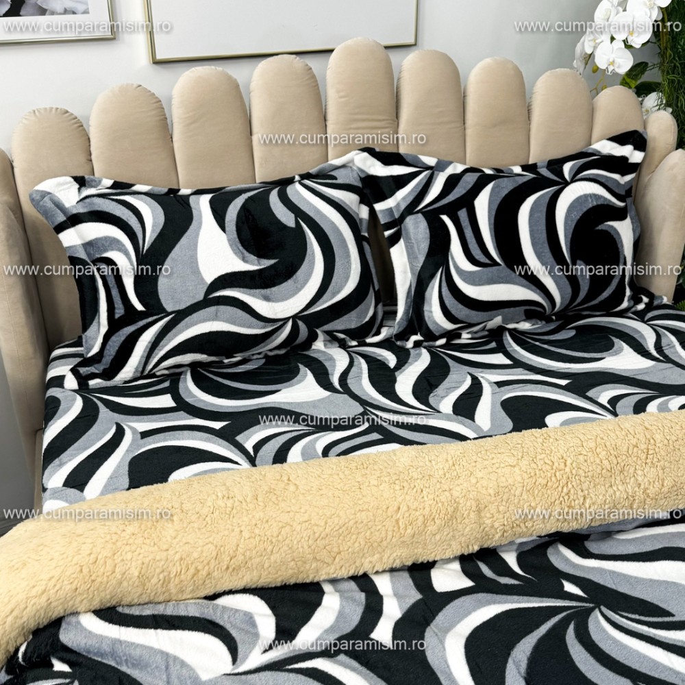 Lenjerie pat dublu, Super Pufoasa COCOLINO cu BLANITA, 4 piese, Gri-Negru, model abstract – imagine 5