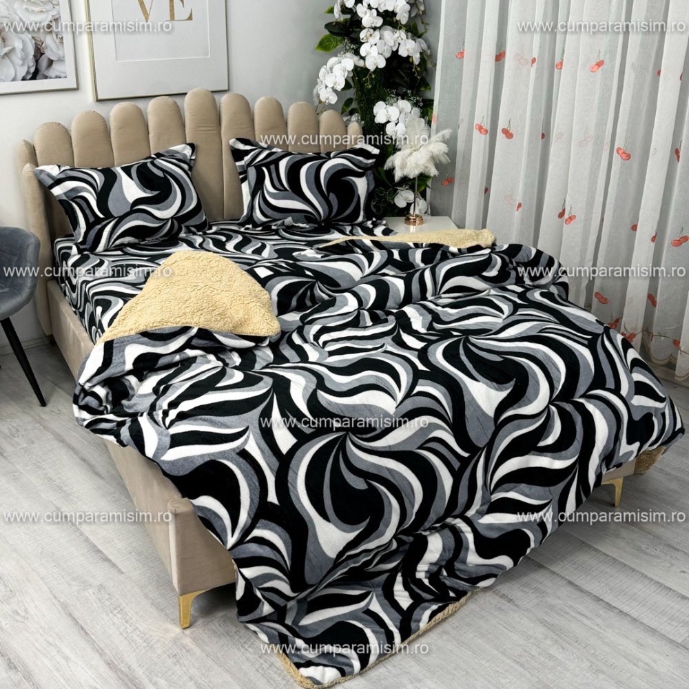 Lenjerie pat dublu, Super Pufoasa COCOLINO cu BLANITA, 4 piese, Gri-Negru, model abstract – imagine 6