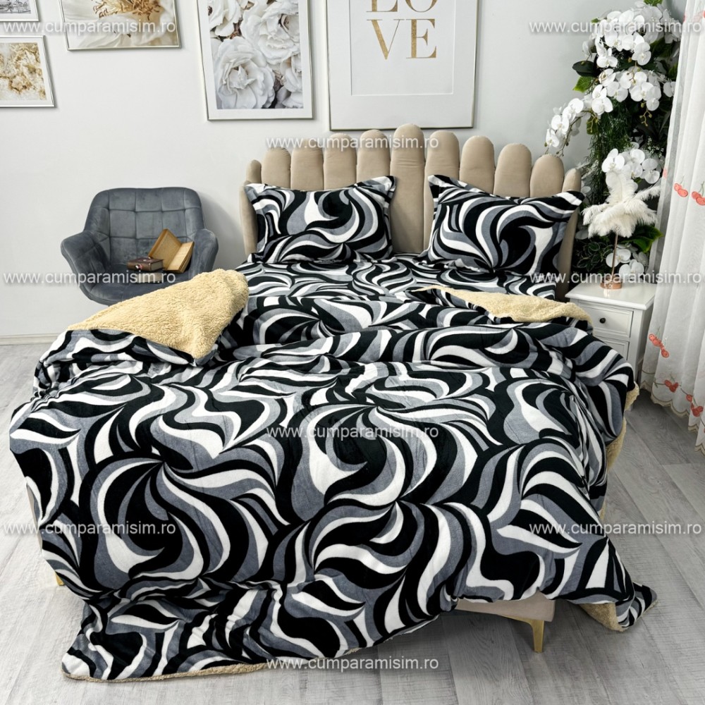 Lenjerie pat dublu, Super Pufoasa COCOLINO cu BLANITA, 4 piese, Gri-Negru, model abstract – imagine 7