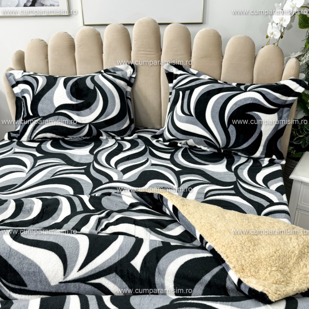 Lenjerie pat dublu, Super Pufoasa COCOLINO cu BLANITA, 4 piese, Gri-Negru, model abstract – imagine 8