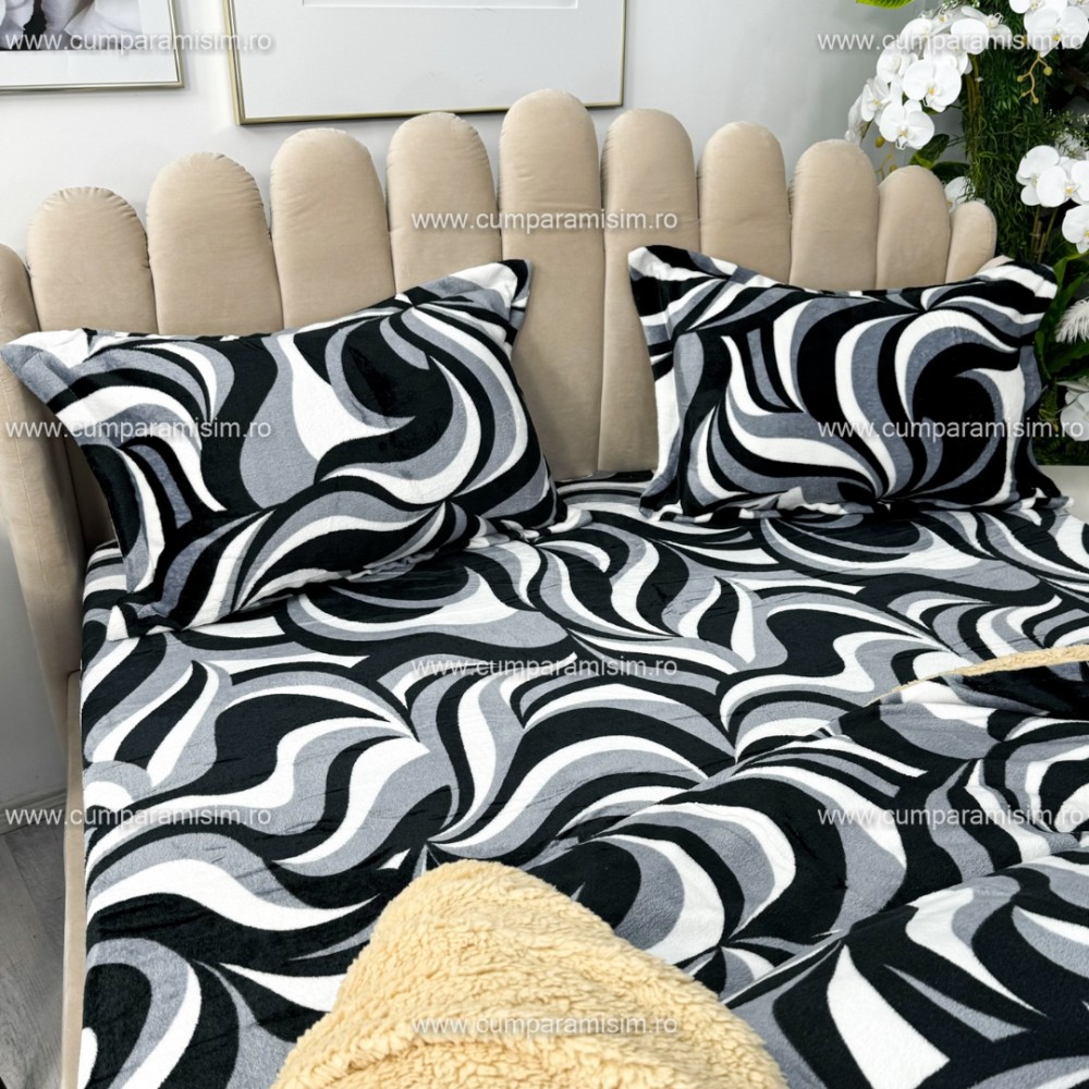 Lenjerie pat dublu, Super Pufoasa COCOLINO cu BLANITA, 4 piese, Gri-Negru, model abstract — imaginea 9