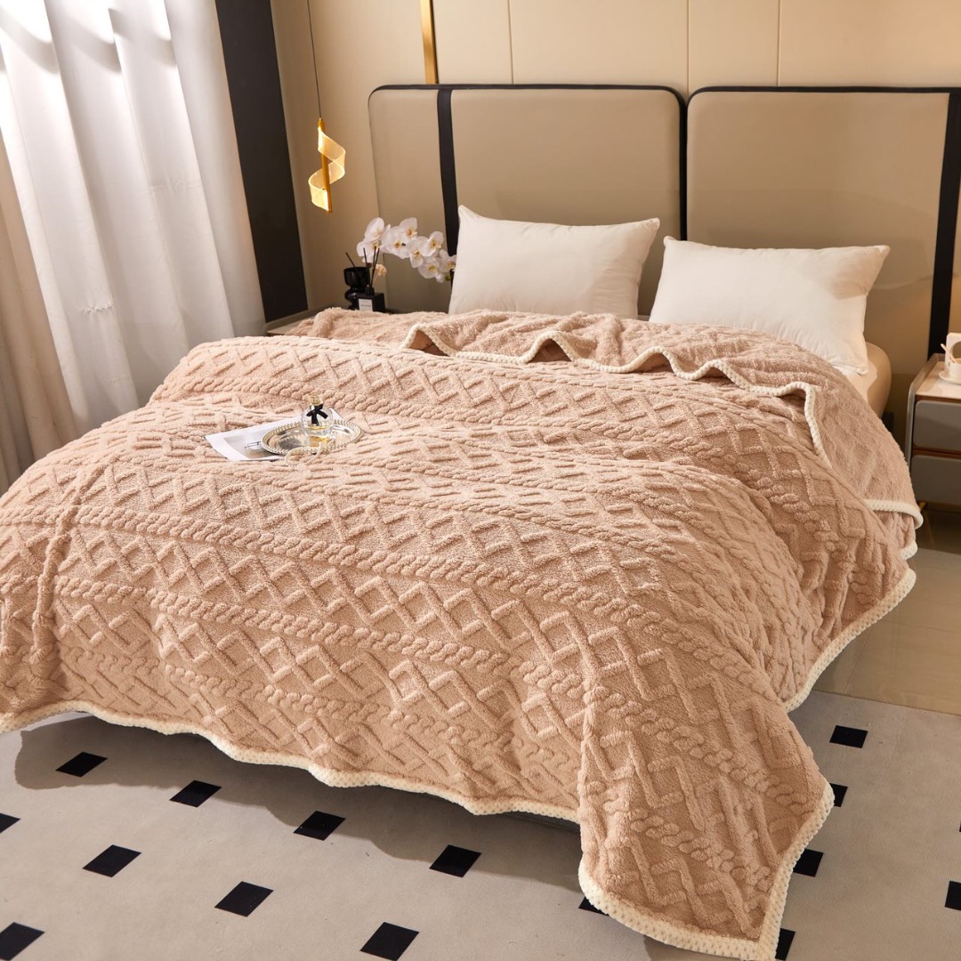 Patura Premium, 200x230cm, CoCoLiNo, Grofata, cu Model 3D Tip Tricotaj si Bordura din Blanita Contrastanta – Eleganta si Caldura Absoluta, Bej - imagine 5