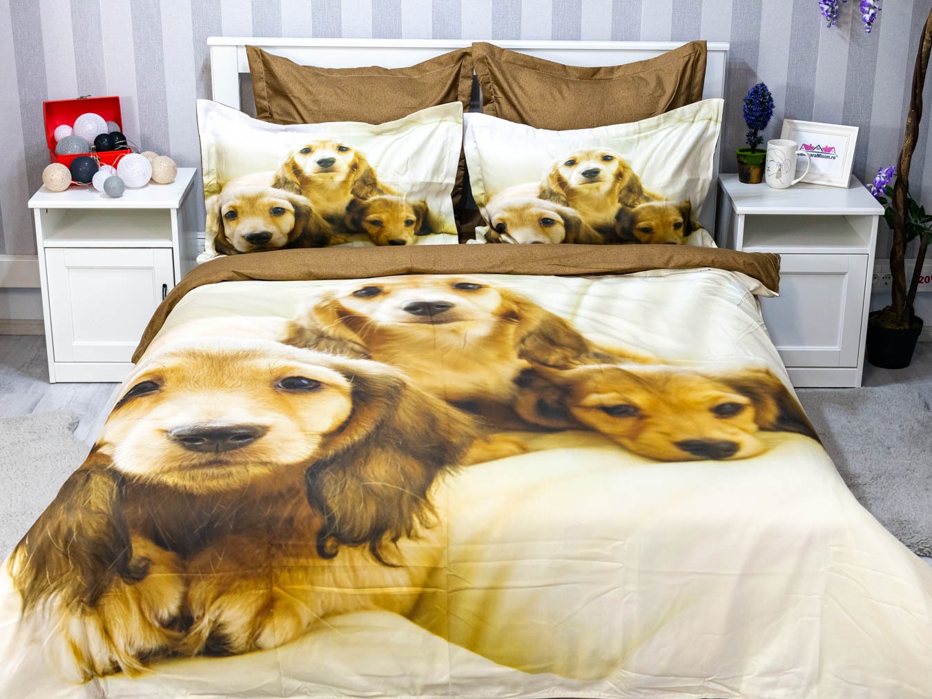 Poze Lenjerie pat dublu,  FINET, 6 piese, IDENTICA CU POZA, Crem, catei cumparamisim.ro