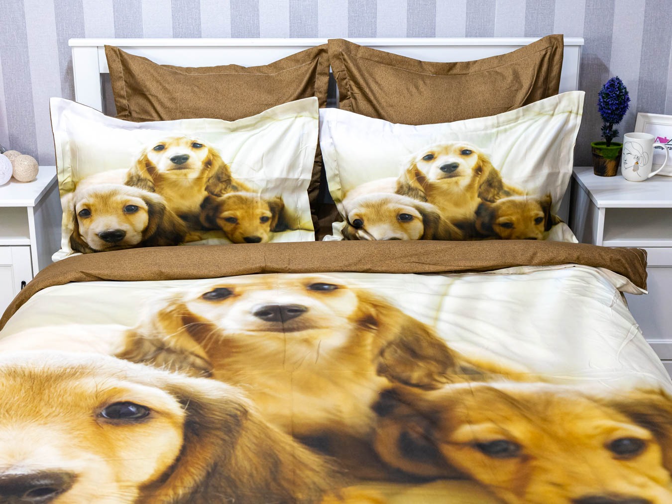 Poze Lenjerie pat dublu,  FINET, 6 piese, IDENTICA CU POZA, Crem, catei cumparamisim.ro