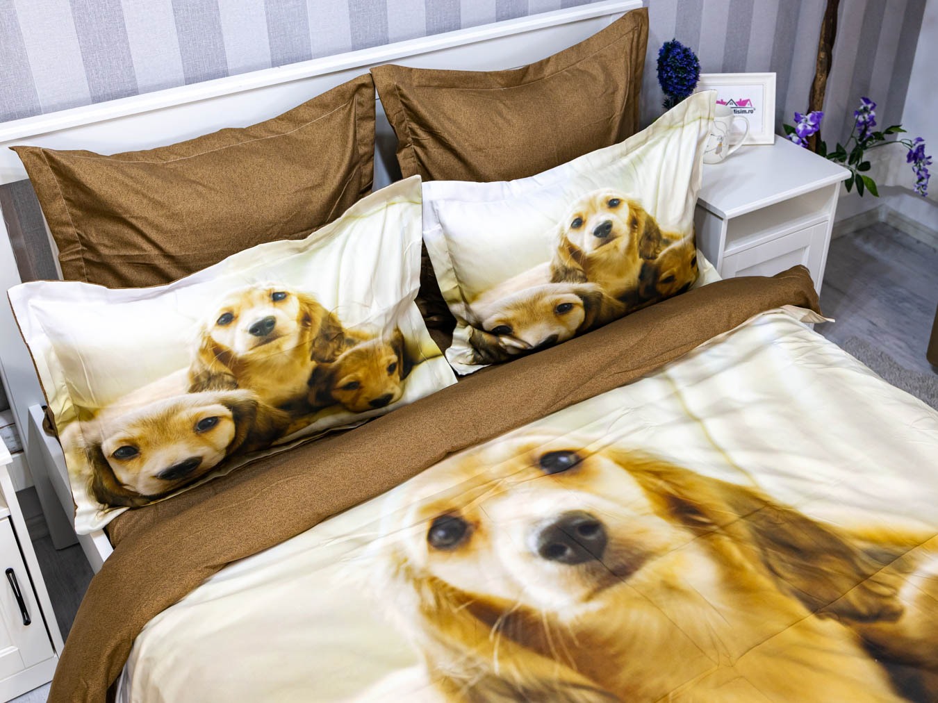 Poze Lenjerie pat dublu,  FINET, 6 piese, IDENTICA CU POZA, Crem, catei cumparamisim.ro