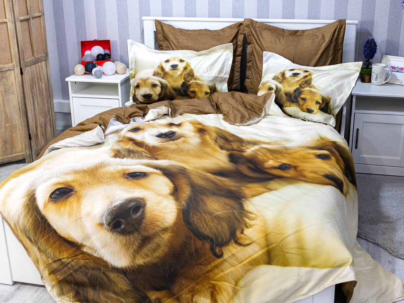 Poze Lenjerie pat dublu,  FINET, 6 piese, IDENTICA CU POZA, Crem, catei cumparamisim.ro