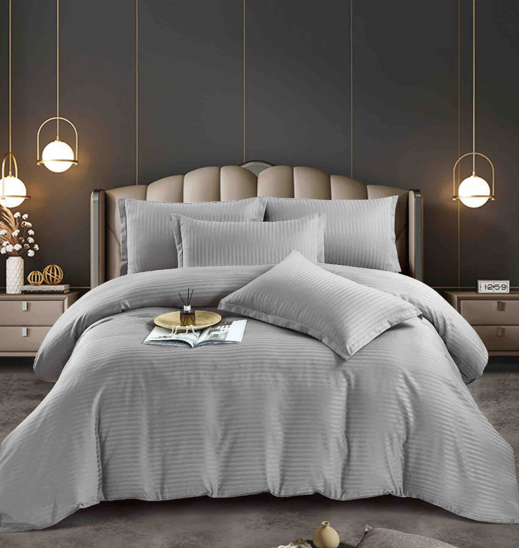 Lenjerie HoReCa, pat dublu, Damasc Finetat Deluxe cu Elastic, 6 piese, Jojo Home, Gri - imagine 2